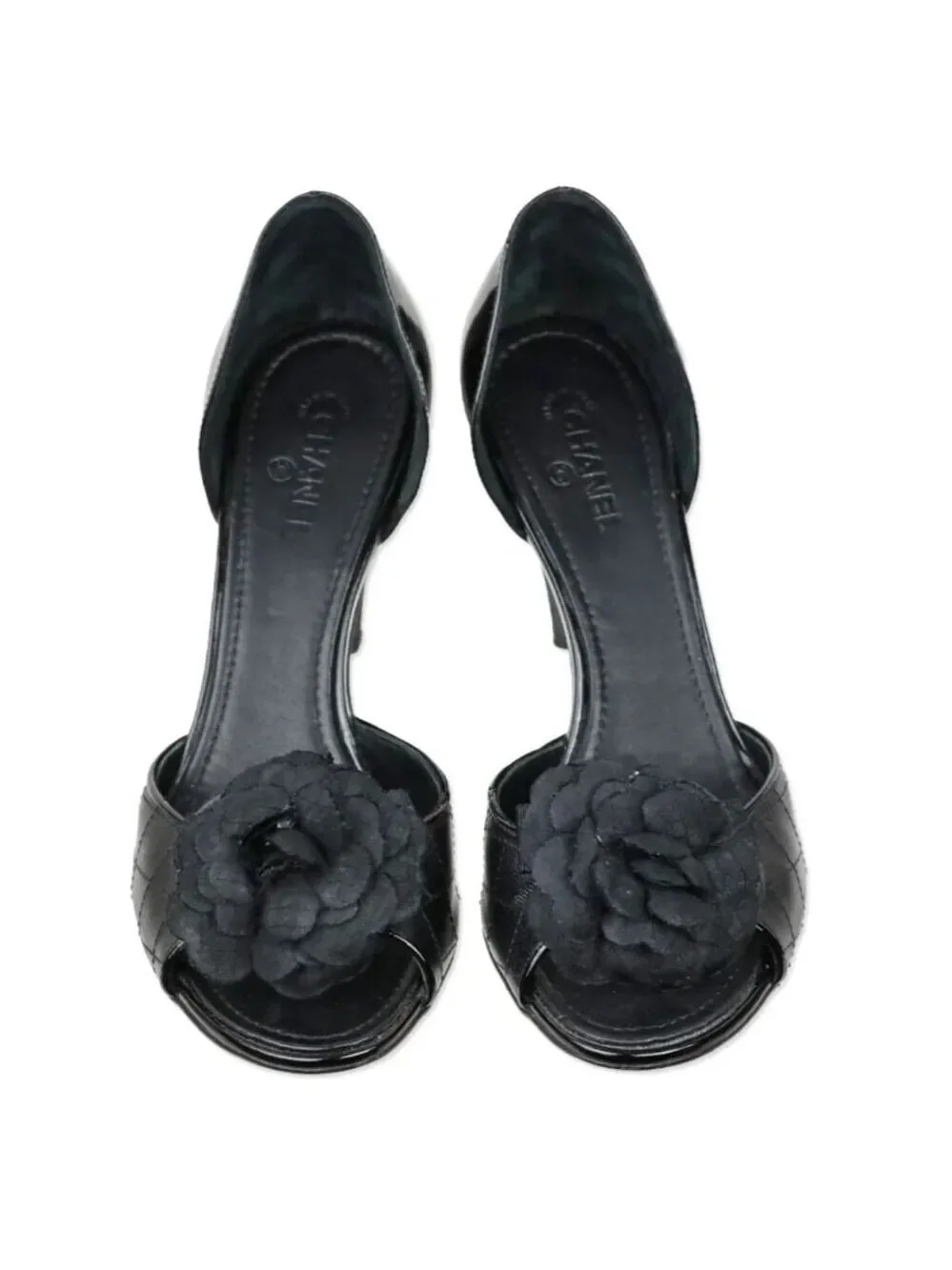 Chanel Black Quilted D'Orsay Peep Toe Flower Pumps EU 37.5 MSRP $1,195